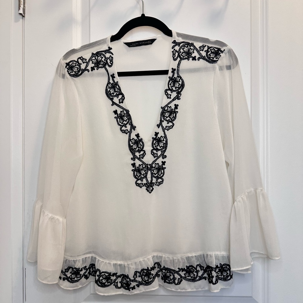 Zara White Blouse with Black Embroidery